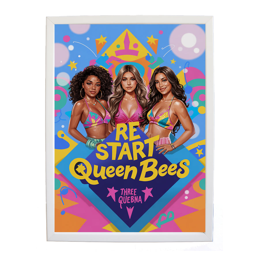 Three Queen Bees – Abstract Music Art – wall art print – Re Start – Pop drama R&B with Brazilian & Hispanic vibes. Punchy Brazilian percussion kicks off under lush synth pads, joined by rich R&B bass and crisp pop drums – Music Stag