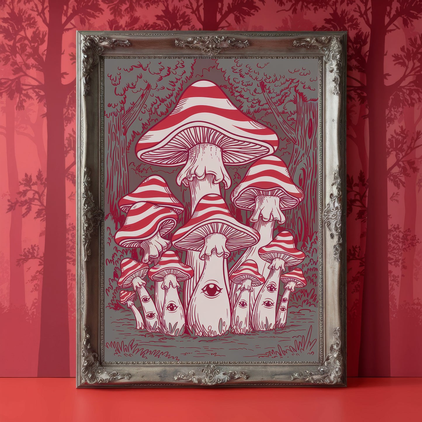 “Psychedelic Reverie” – Hypnotic Red Mushroom Forest Print