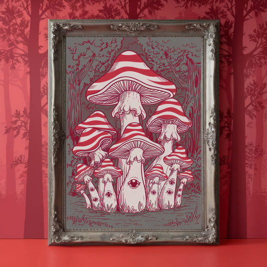 “Psychedelic Reverie” – Hypnotic Red Mushroom Forest Print
