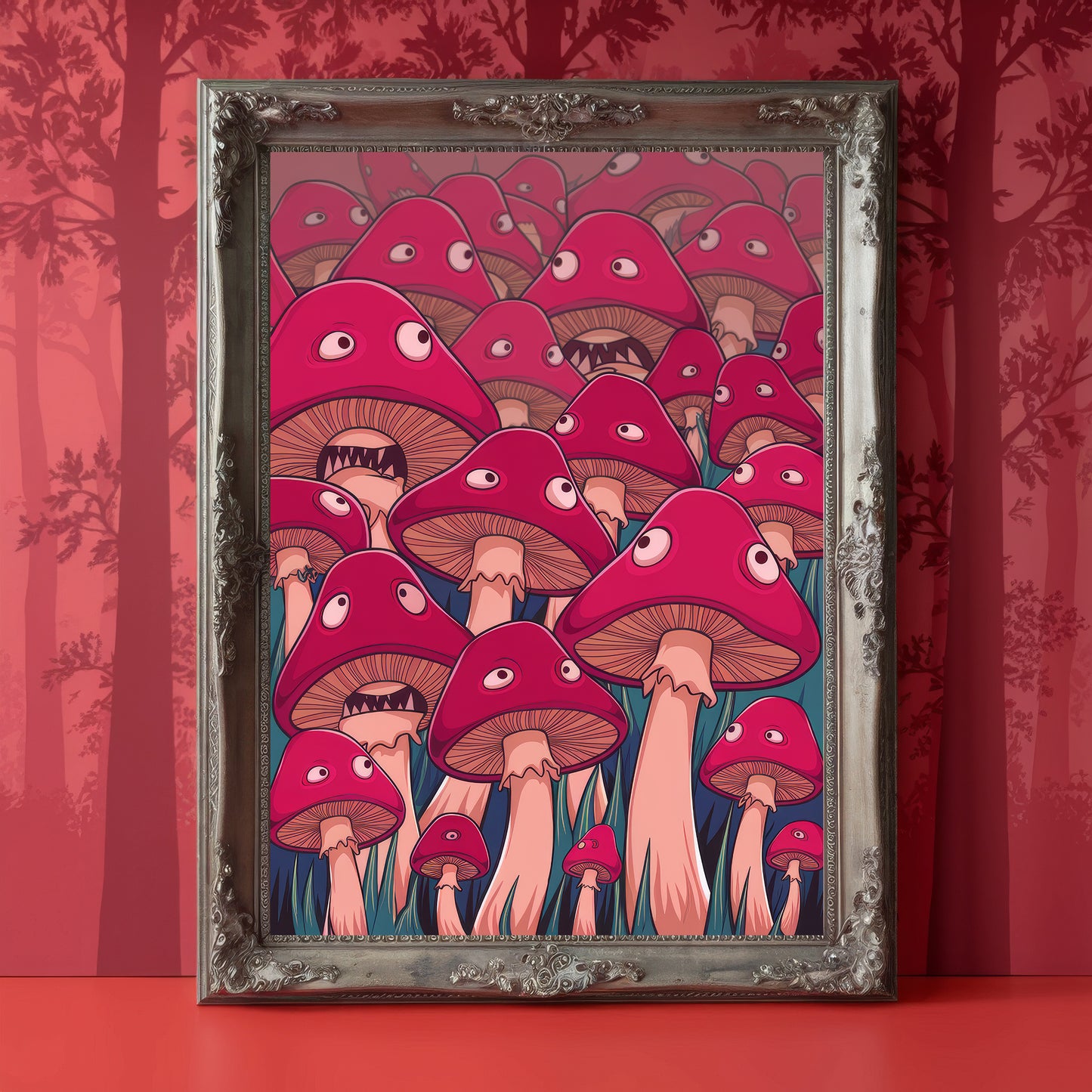 “The Enchanted Gathering” – Mystical Red Mushroom Print
