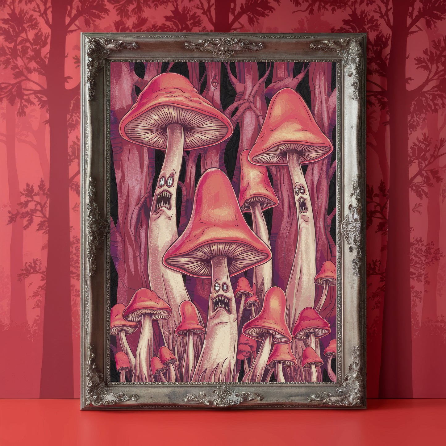 “Crimson Screams” – Haunting Red Mushroom Horror Print