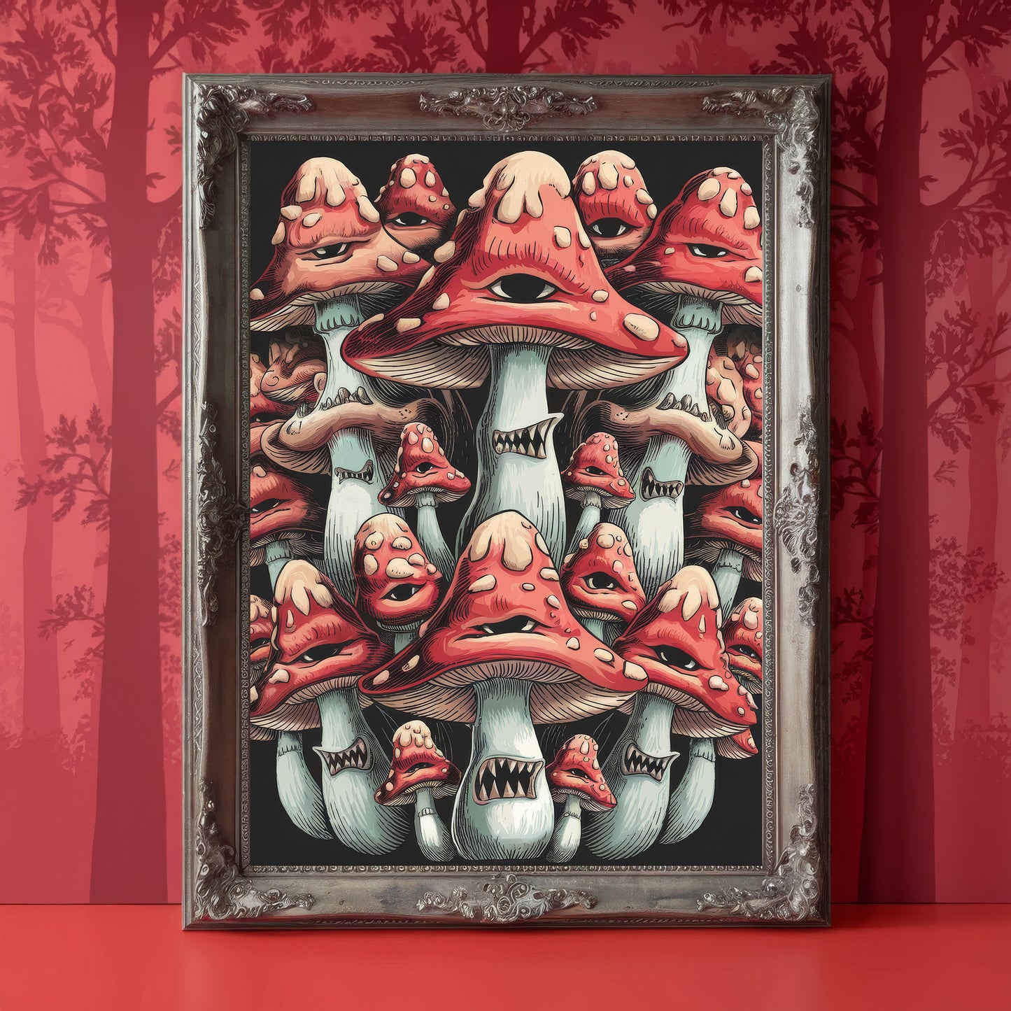 "Eyes of the Enchanted Grove" – Surreal Red Mushroom Horror Art Print