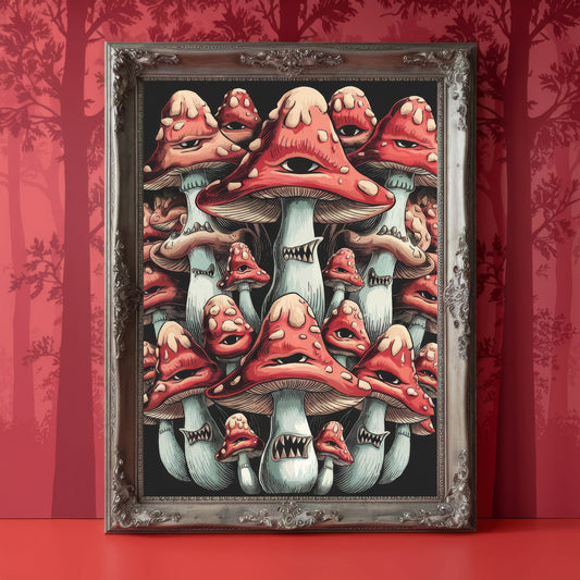 "Eyes of the Enchanted Grove" – Surreal Red Mushroom Horror Art Print