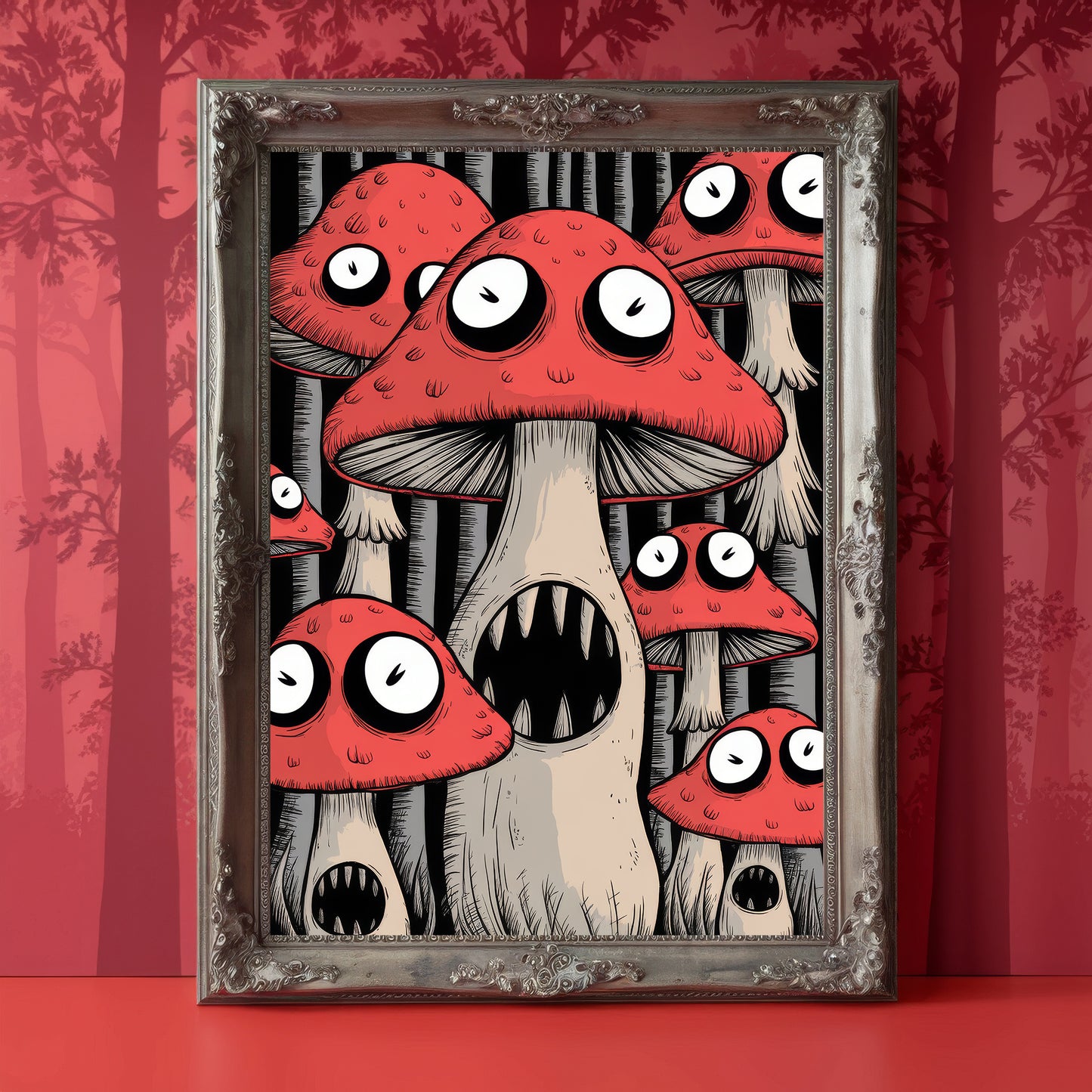 "The Hollow Stalks" – Creepy Red Mushroom Art Print