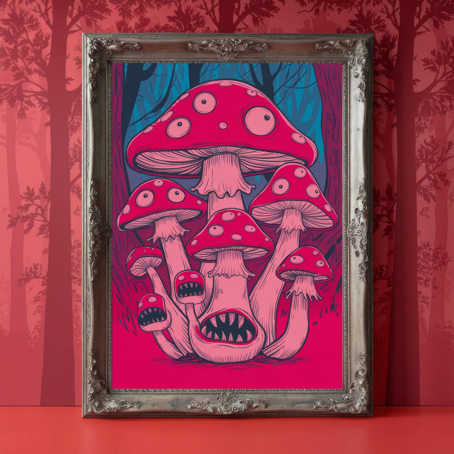 "The Watchers of Dusk" – Psychedelic Red Mushroom Horror Art Print