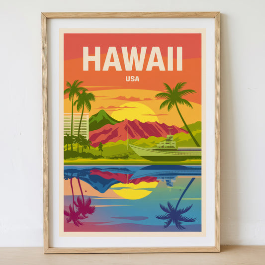 Hawaii - Sunrise Drawing Travel Poster Print