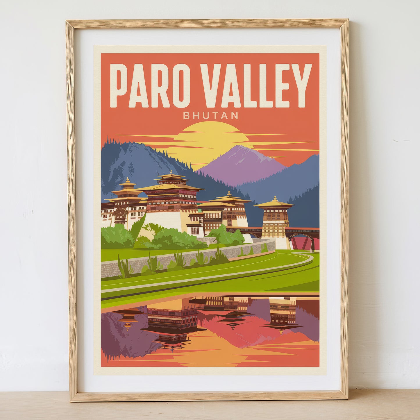 Paro Valley - Sunrise Drawing Travel Poster Print