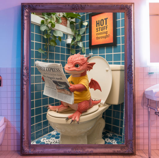 Whimsical Dragon Bathroom Art - Fiery Red Edition