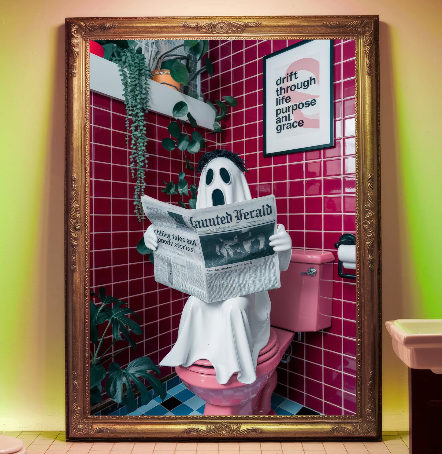 "The Haunted Headline Reader" - Spooky Bathroom Ghost Decor