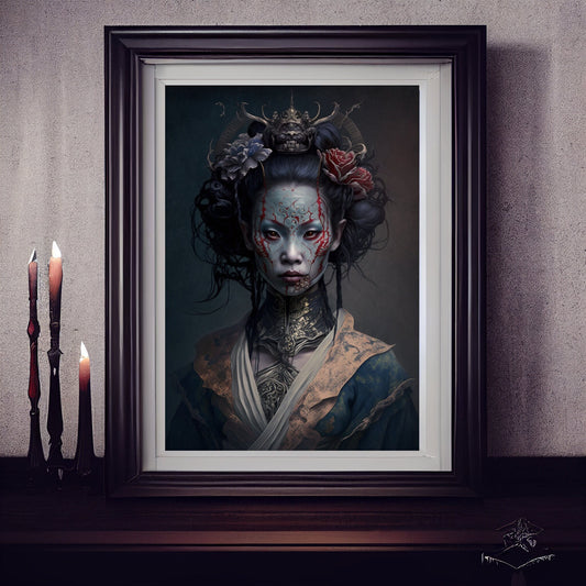 Geisha Art Print, Demonic Geisha Art Print Poster In Renaissance Style, Lovecraft Inspired. Demon Geisha Poster, Gothic Art, Occult painting