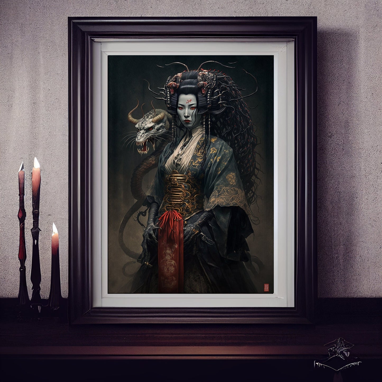 Geisha Art Print, Demonic Geisha Art Print Poster In Renaissance Style, Lovecraft Inspired. Demon Geisha Poster, Gothic Art, Occult painting