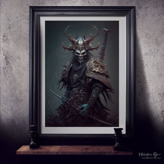 Samurai Art Print, Demonic Samurai Art Print Poster In Renaissance Style, Lovecraft Inspired. Demon Samurai Poster, Gothic, Occult painting