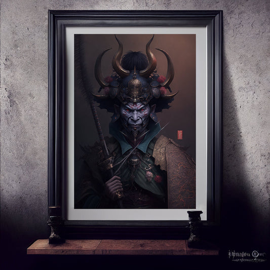 Samurai Art Print, Demonic Samurai Art Print Poster In Renaissance Style, Lovecraft Inspired. Demon Samurai Poster, Gothic, Occult painting