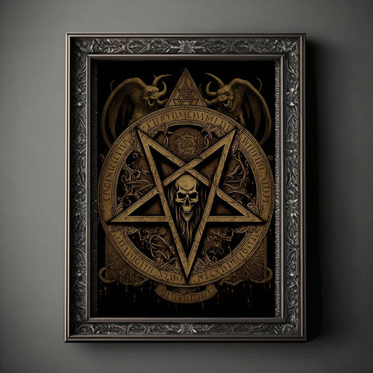 Pentagram Art Print, Demonic Pentagram Art Print Poster Renaissance, Lovecraft, Medieval. Demon Pentagram Poster, Gothic, Occult painting