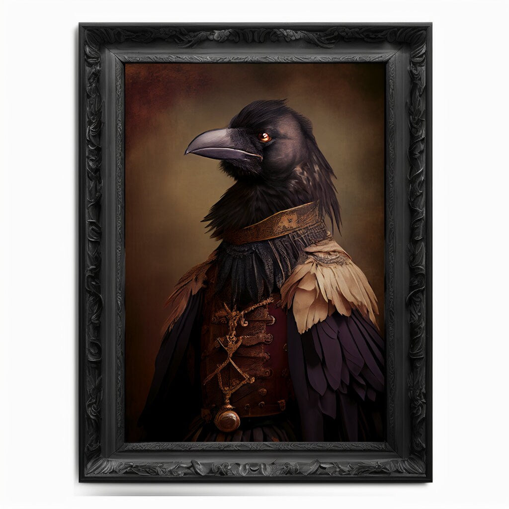 Crow Wall Art Print, Bird Animal Lover Vintage Regal Art Poster Renaissance. Victorian Black Crow Portrait, Royal Painting Raven Pet Gift - Wall Art Poster Print