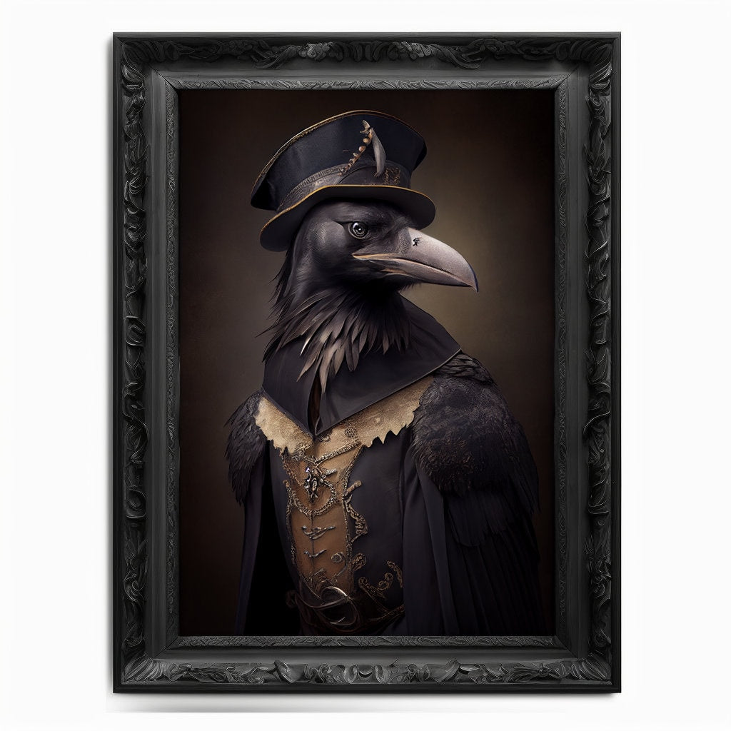 Crow Wall Art Print, Bird Animal Lover Vintage Regal Art Poster Renaissance. Victorian Black Crow Portrait, Royal Painting Raven Pet Gift