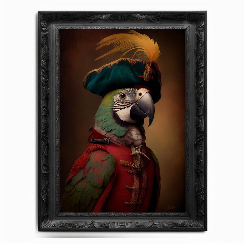 Parrot Wall Art Print, Bird Animal Lover Vintage Regal Art Poster Renaissance. Victorian Black Parrot Portrait Royal Painting Macaw Pet Gift - Wall Art Poster Print