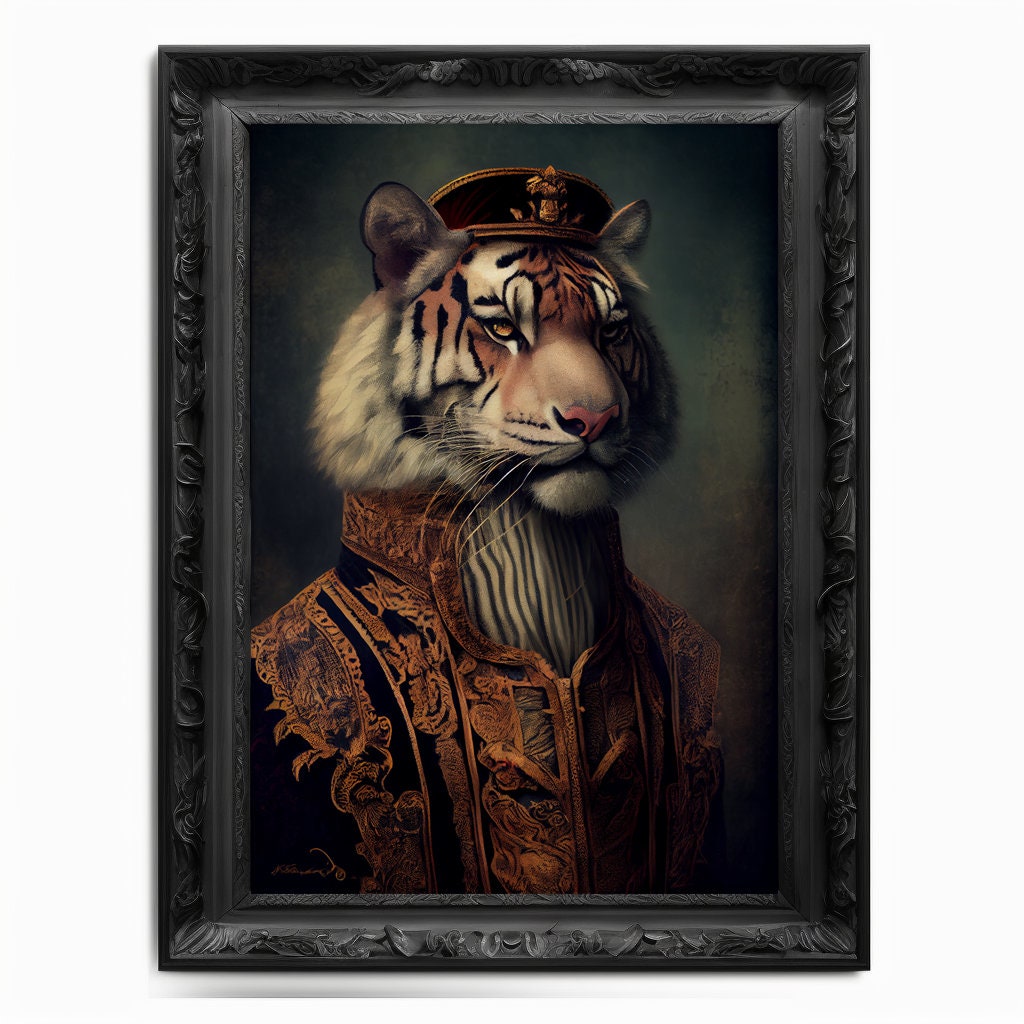 Tiger Wall Art Print, Cat Animal Lover Vintage Regal Art Poster Renaissance. Victorian Tiger Portrait Royal Painting Tigress Feline Pet Gift - Wall Art Poster Print