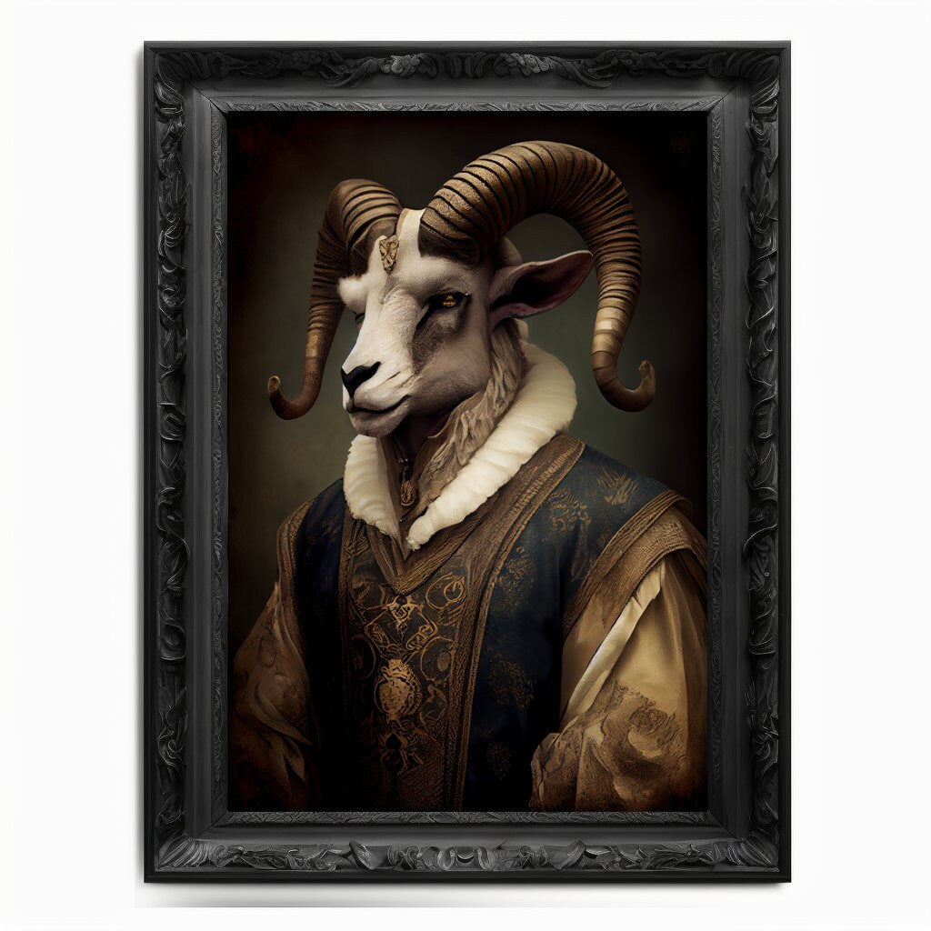 Ram Wall Art Print, Animal Lover Aries Vintage Regal Art Poster Renaissance. Victorian Sheep Ram Portrait Royal Buck Pet Lamb Painting Gift - Wall Art Poster Print