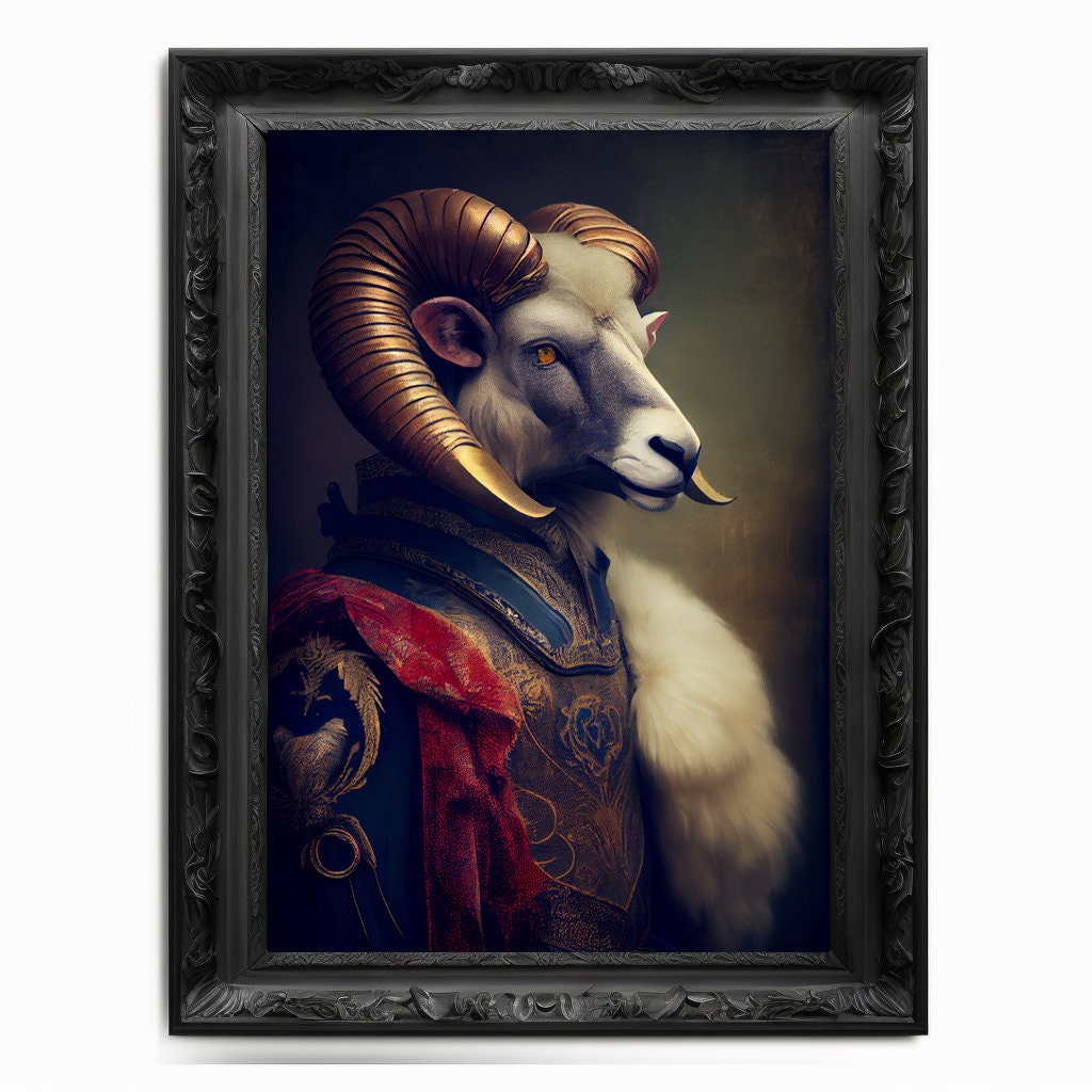 Ram Wall Art Print, Animal Lover Aries Vintage Regal Art Poster Renaissance. Victorian Sheep Ram Portrait Royal Buck Pet Lamb Painting Gift - Wall Art Poster Print