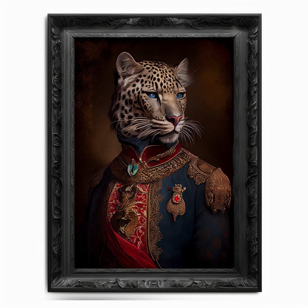 Jaguar Wall Art Print, Cat Animal Lover Vintage Regal Art Poster Renaissance. Victorian Jaguar Portrait Royal Painting Feline Pet Lion Gift - Wall Art Poster Print
