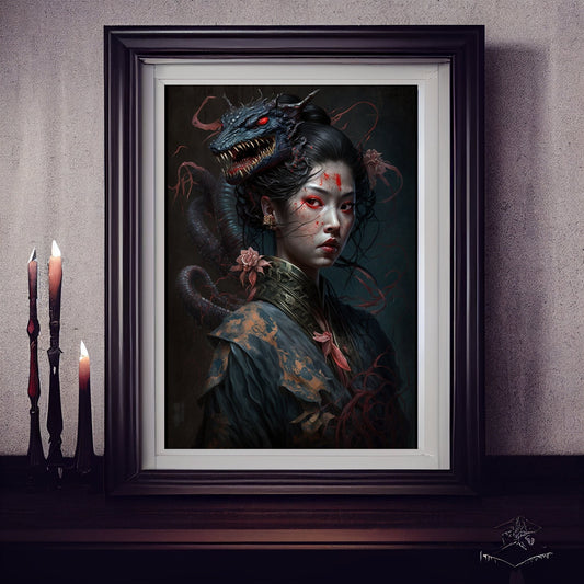 Geisha Art Print, Demonic Geisha Art Print Poster In Renaissance Style, Lovecraft Inspired. Demon Geisha Poster, Gothic Art, Occult painting