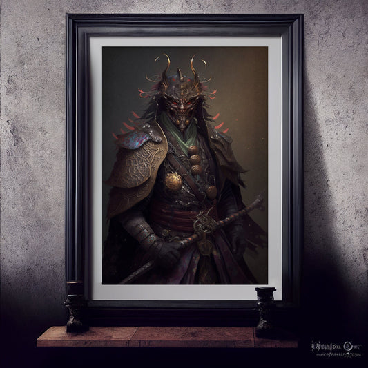Samurai Art Print, Demonic Samurai Art Print Poster In Renaissance Style, Lovecraft Inspired. Demon Samurai Poster, Gothic, Occult painting