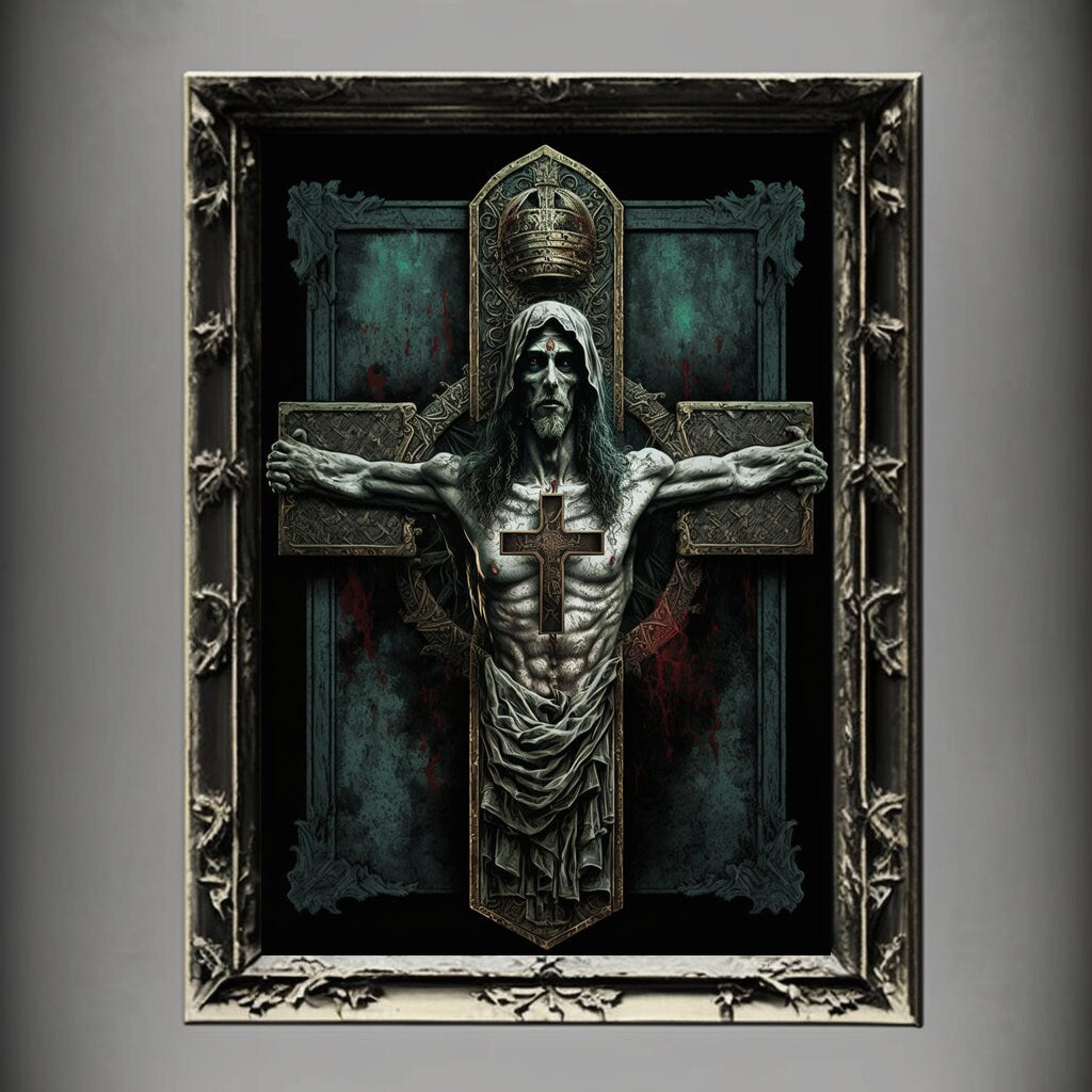 Crucifixion Art Print, Jesus Christ Crucifixion Print Poster Renaissance, Lovecraft Inspired. Demon Poster, Gothic Artwork, Occult Painting