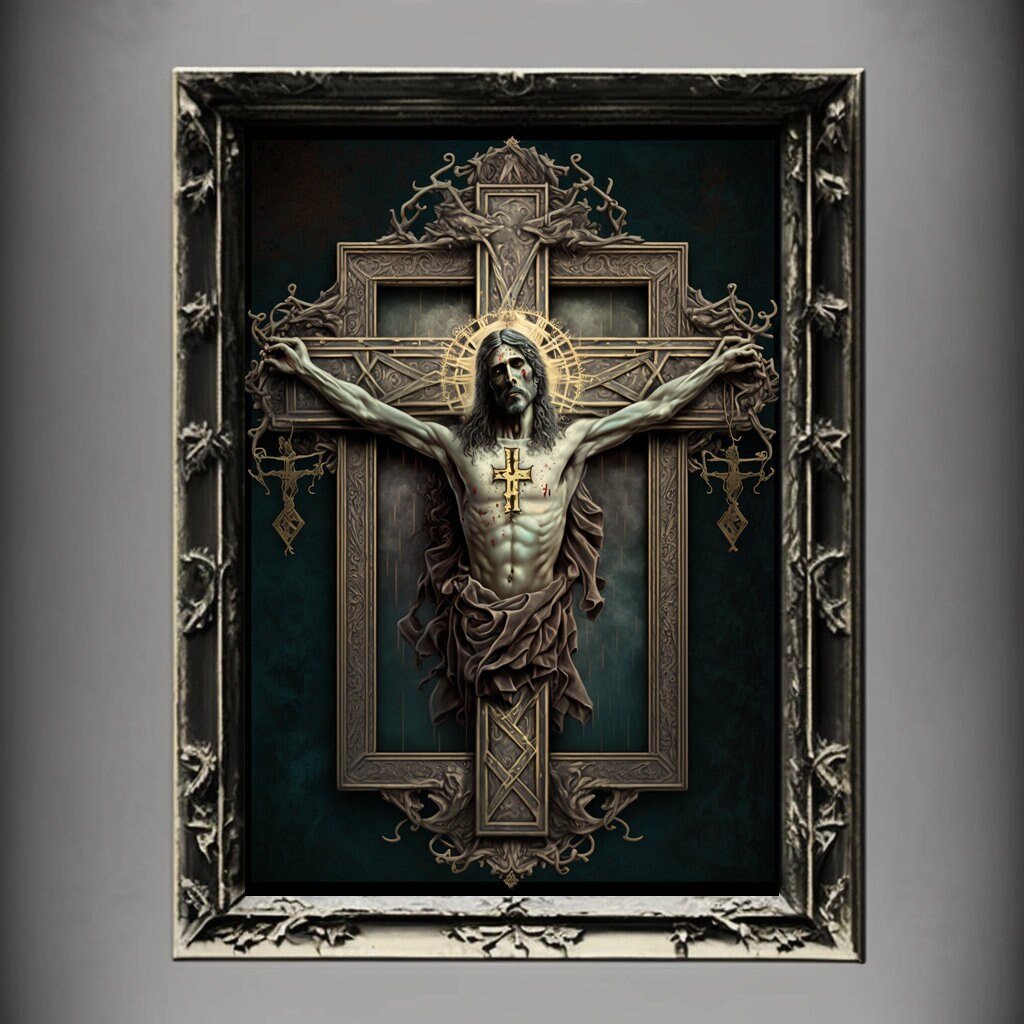 Crucifixion Art Print, Jesus Christ Crucifixion Print Poster Renaissance, Lovecraft Inspired. Demon Poster, Gothic Artwork, Occult Painting