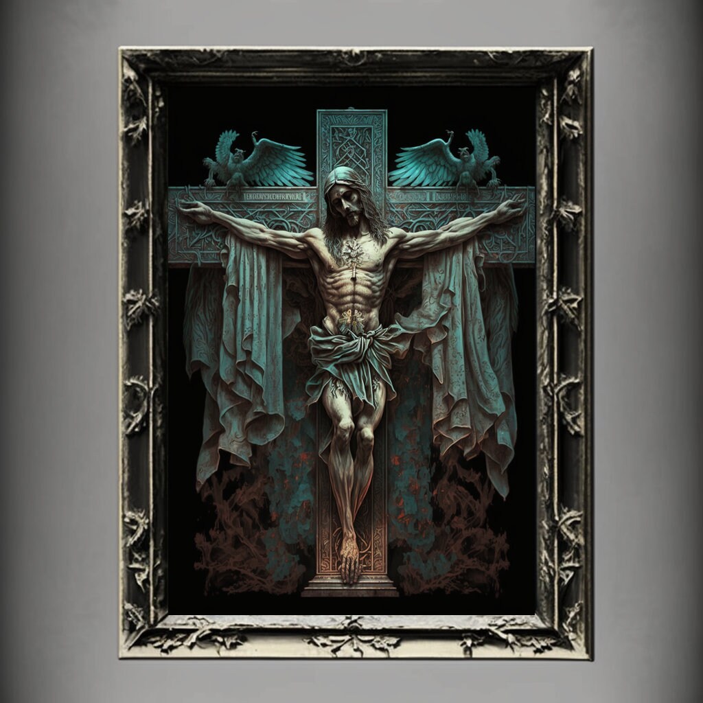 Crucifixion Art Print, Jesus Christ Crucifixion Print Poster Renaissance, Lovecraft Inspired. Demon Poster, Gothic Artwork, Occult Painting