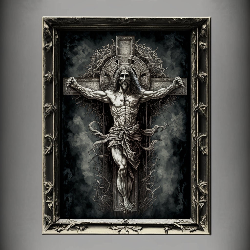 Crucifixion Art Print, Jesus Christ Crucifixion Print Poster Renaissance, Lovecraft Inspired. Demon Poster, Gothic Artwork, Occult Painting