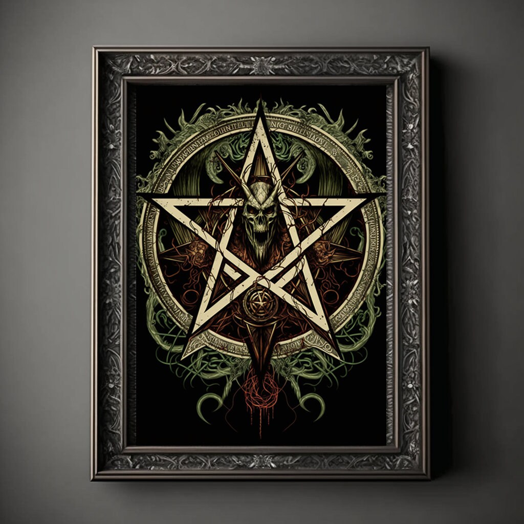 Pentagram Art Print, Demonic Pentagram Art Print Poster Renaissance, Lovecraft, Medieval. Demon Pentagram Poster, Gothic, Occult painting