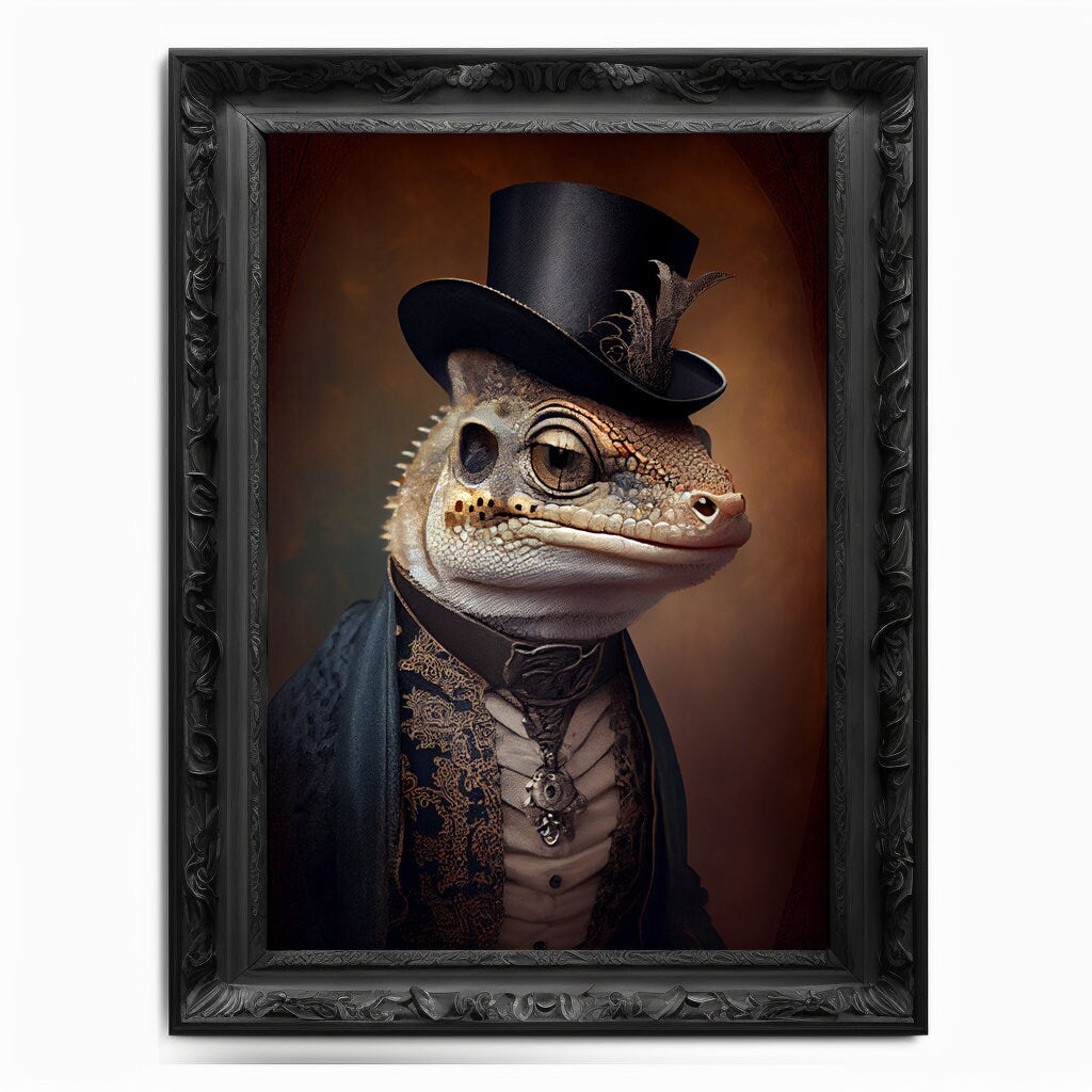 Gecko Wall Art Print,  Animal Lover Vintage Regal Gecko Art Print Poster Renaissance. Victorian Gecko Portrait, Royal Painting Home Pet Gift - Wall Art Poster Print