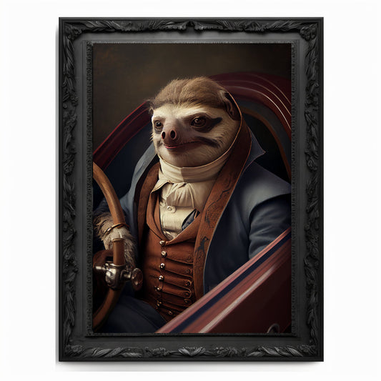 Race Car Sloth Art Print, Motor Sports Animal Vintage Regal Art Poster Renaissance. Victorian Sloth Portrait Royal Painting Racing Pet Gift.