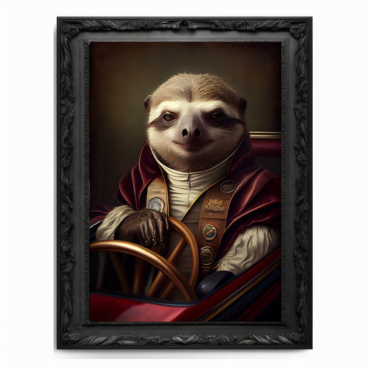 Race Car Sloth Art Print, Motor Sports Animal Vintage Regal Art Poster Renaissance. Victorian Sloth Portrait Royal Painting Racing Pet Gift.
