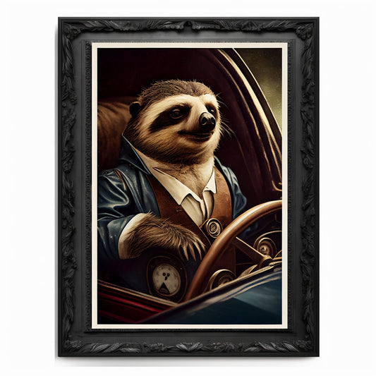 Race Car Sloth Art Print, Motor Sports Animal Vintage Regal Art Poster Renaissance. Victorian Sloth Portrait Royal Painting Racing Pet Gift.
