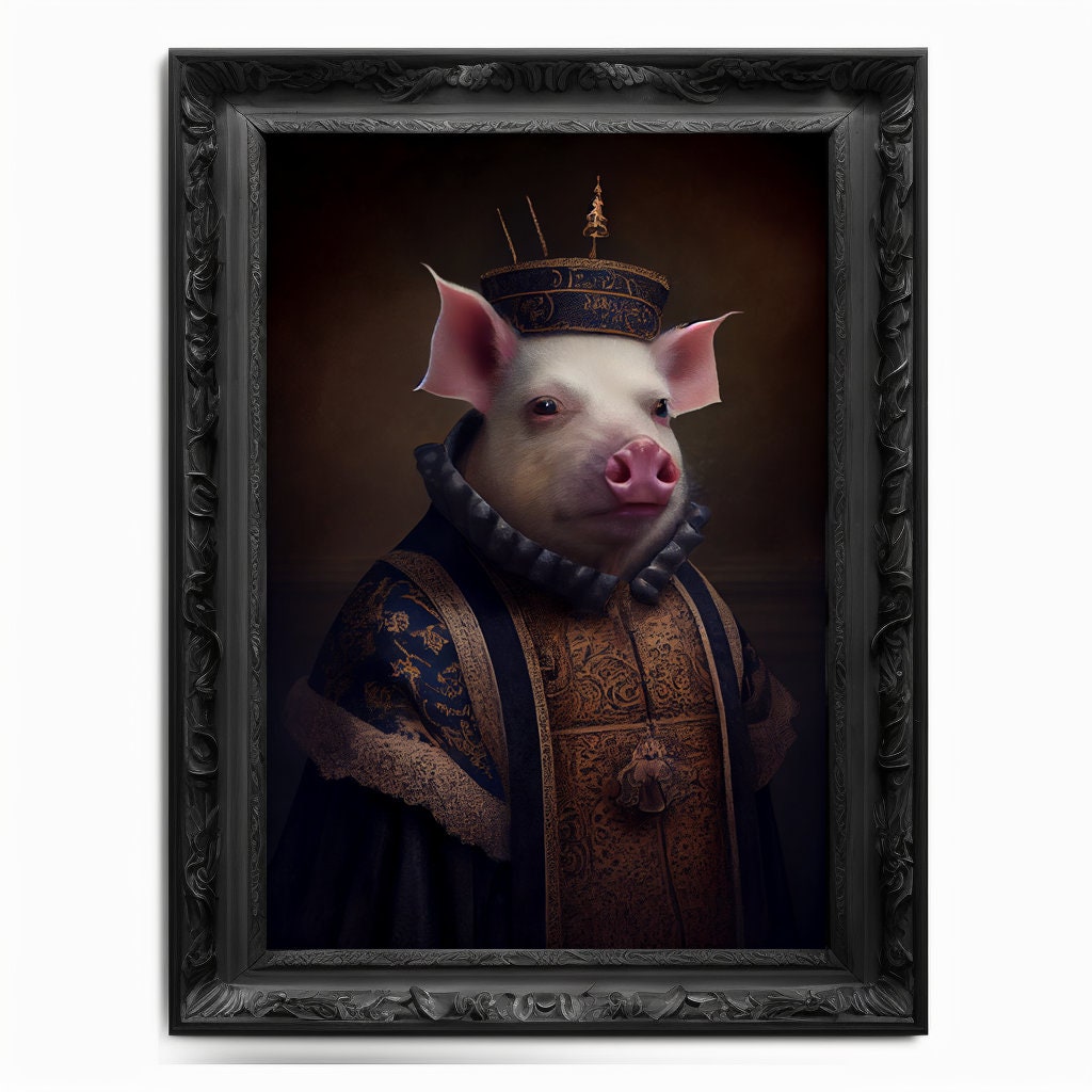 Pig Wall Art Print, Hog Animal Lover Vintage Regal Pig Art Poster Renaissance. Victorian Pig Portrait, Royal Painting Swine Piglet Pet Gift