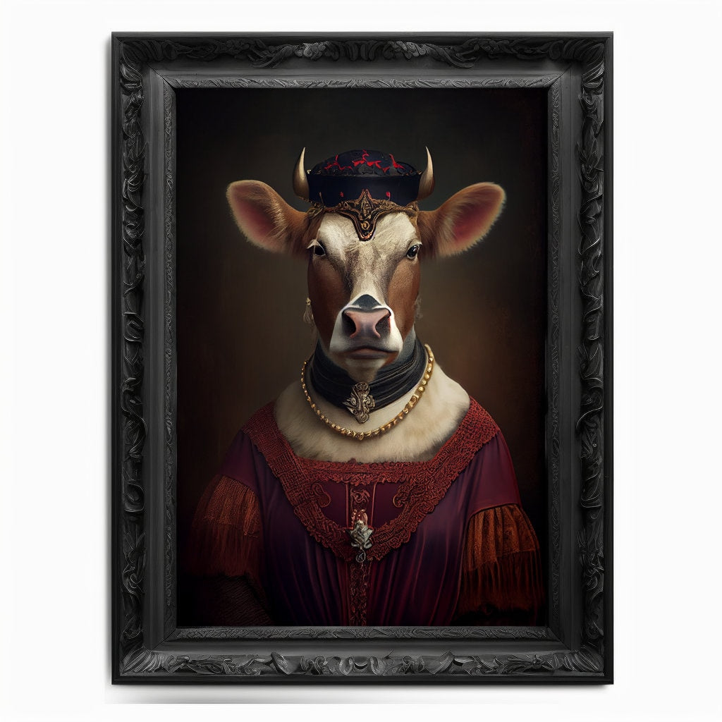 Cow Wall Art Print, Herd Animal Lover Vintage Regal Cow Art Poster Renaissance. Victorian Cow Portrait, Royal Painting Swine Oxen Pet Gift