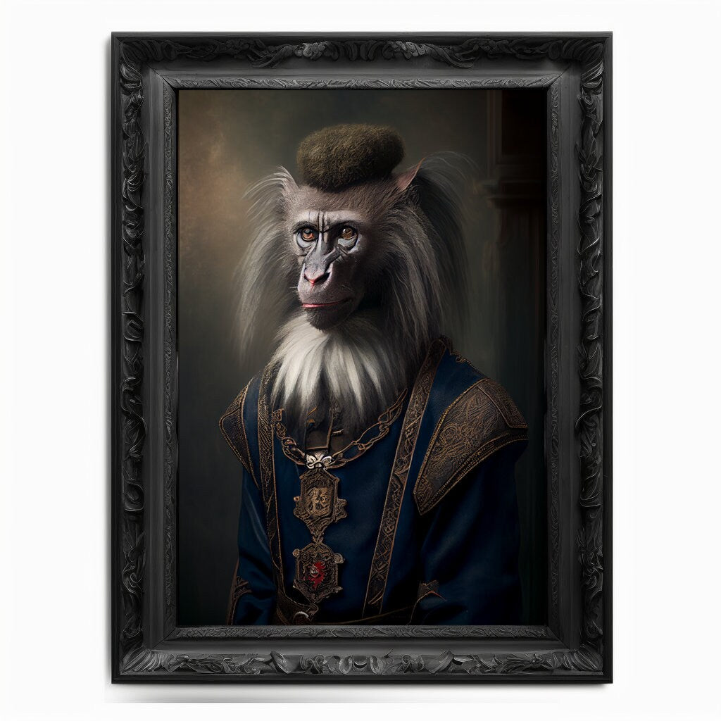 Baboon Wall Art Print Monkey Animal Lover Vintage Regal Poster Renaissance Victorian Baboon Portrait Royal Painting Ape Primate Monkey Gift - Wall Art Poster Print