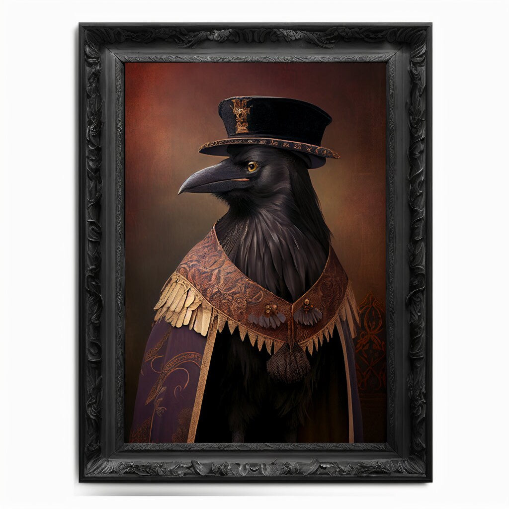 Crow Wall Art Print, Bird Animal Lover Vintage Regal Art Poster Renaissance. Victorian Black Crow Portrait, Royal Painting Raven Pet Gift - Wall Art Poster Print