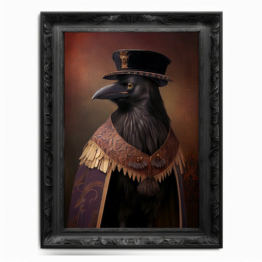 Crow Wall Art Print, Bird Animal Lover Vintage Regal Art Poster Renaissance. Victorian Black Crow Portrait, Royal Painting Raven Pet Gift - Wall Art Poster Print