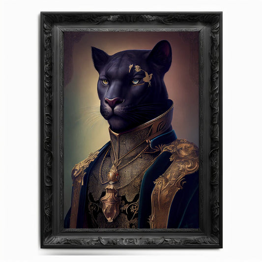 Panther Wall Art Print, Black Cat Animal Lover Vintage Regal Art Poster Renaissance. Victorian Panther Portrait Royal Painting Puma Pet Gift - Wall Art Poster Print