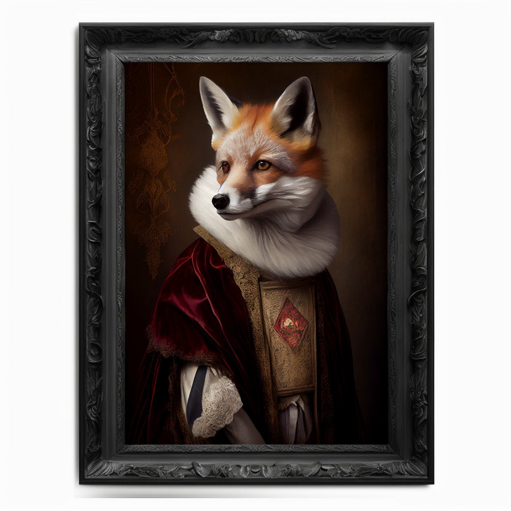 Fox Wall Art Print, Rodent Animal Lover Vintage Regal Art Poster Renaissance. Victorian Cunning Fox Portrait Royal Vixen Pet Painting Gift - Wall Art Poster Print