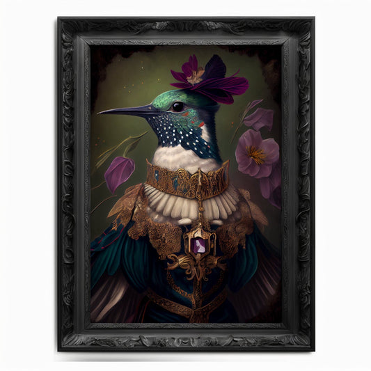 Hummingbird Wall Art Print, Bird Animal Lover Vintage Regal Art Poster Renaissance. Victorian Hummingbird Portrait Royal Painting Pet Gift - Wall Art Poster Print
