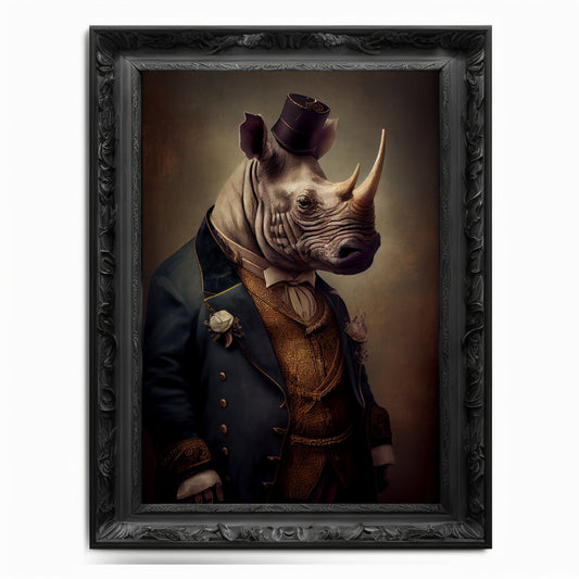 Rhino Wall Art Print, Rhinoceros Animal Lover Vintage Regal Art Poster Renaissance. Victorian Rhino Portrait Royal Painting Rhino Pet Gift - Wall Art Poster Print