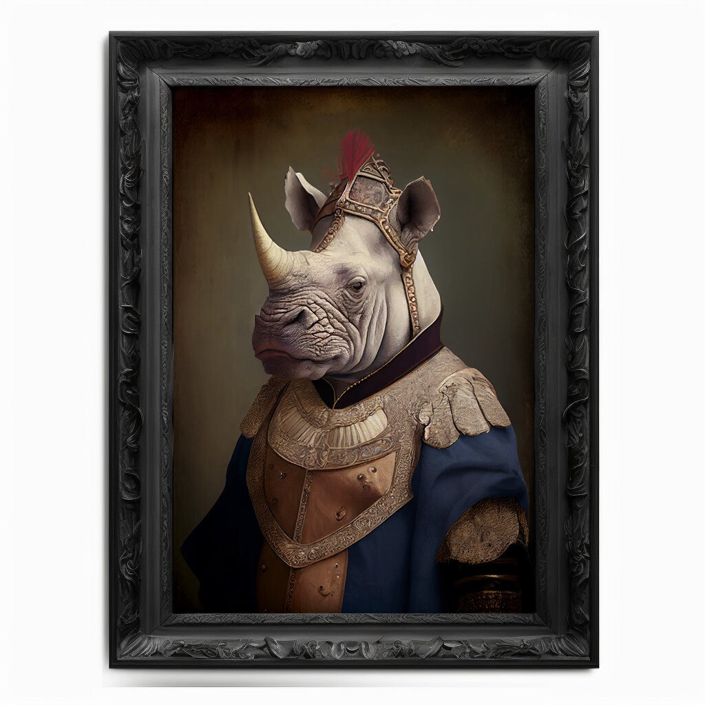 Rhino Wall Art Print, Rhinoceros Animal Lover Vintage Regal Art Poster Renaissance. Victorian Rhino Portrait Royal Painting Rhino Pet Gift - Wall Art Poster Print