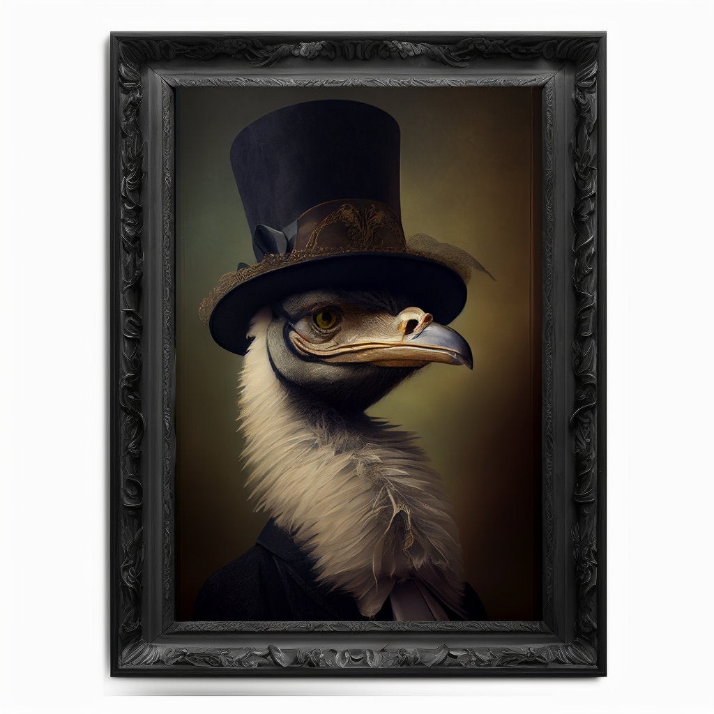 Ostrich Wall Art Print Bird Animal Lover, Vintage Regal Art Poster, Renaissance Victorian Common Ostrich Portrait, Royal Painting Pet Gift - Wall Art Poster Print