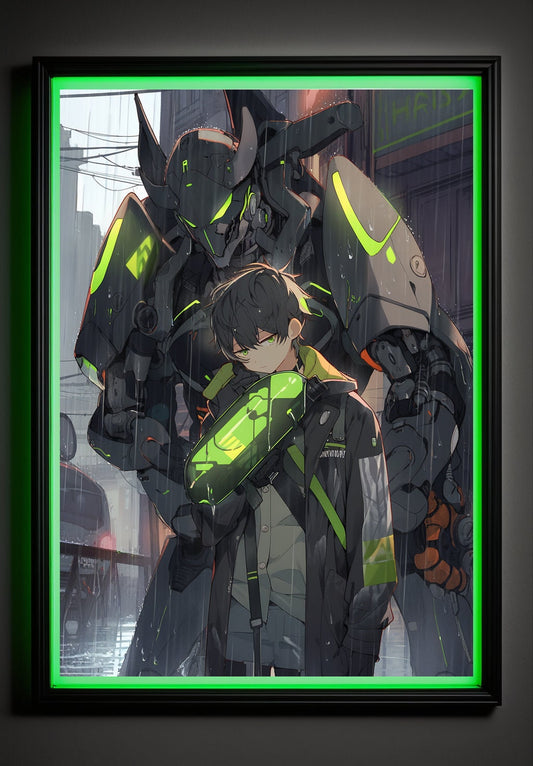 Green Cyberpunk Anime Art Print Poster Robot Guardian In Rain Manga Japanese Movie Poster Wall Art Home Decor Animation Science Fiction Film