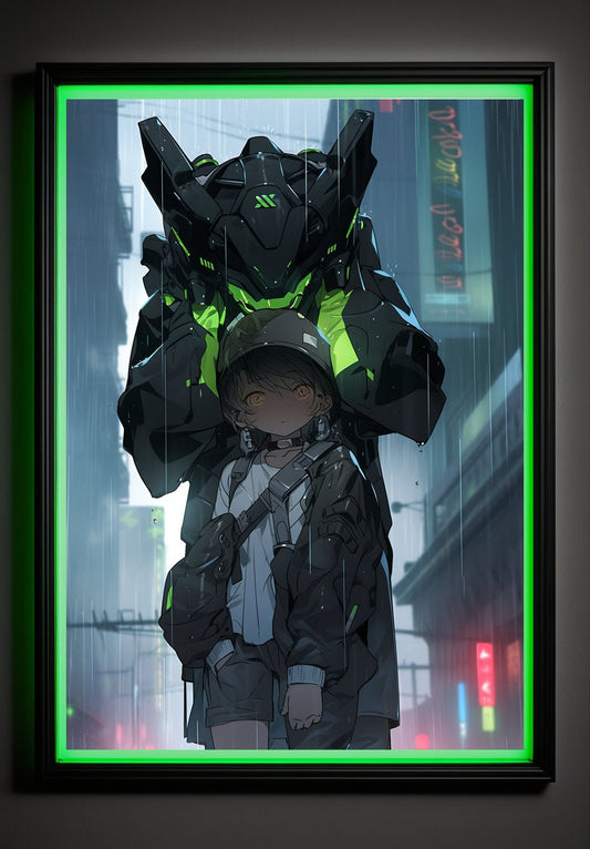 Green Cyberpunk Anime Art Print Poster Robot Guardian In Rain Manga Japanese Movie Poster Wall Art Home Decor Animation Science Fiction Film