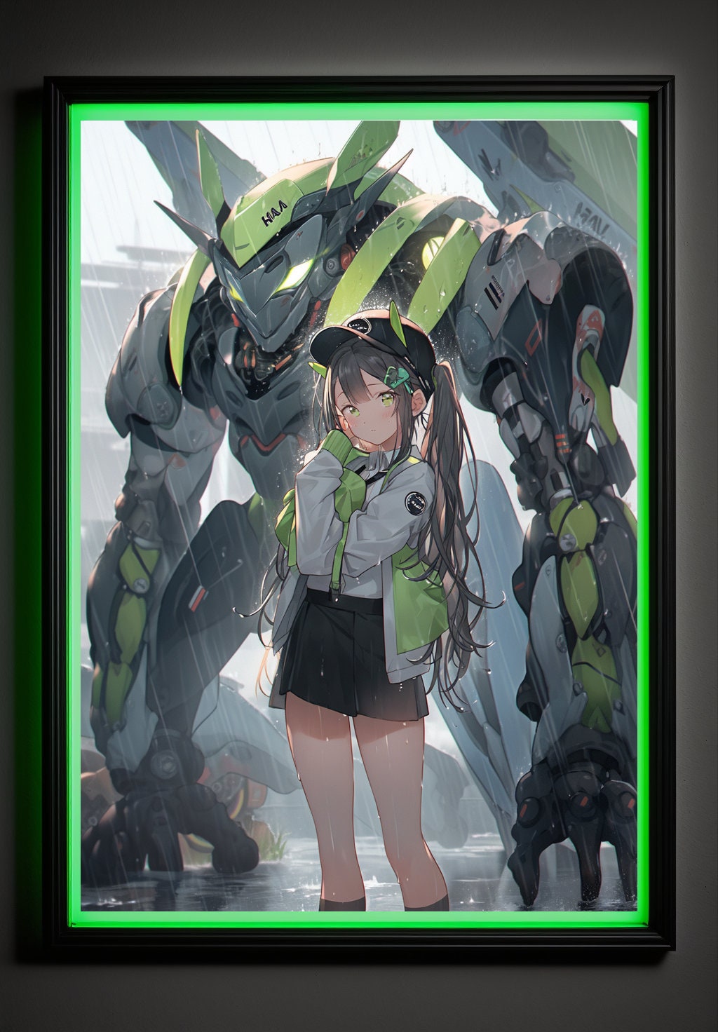 Green Cyberpunk Anime Art Print Poster Robot Guardian In Rain Manga Japanese Movie Poster Wall Art Home Decor Animation Science Fiction Film